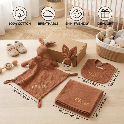 Personalized 4-Piece Newborn Gift Set – Muslin, Bunny Comforter, Teether & Bib (100% Cotton)