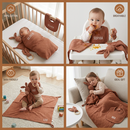Personalized 4-Piece Newborn Gift Set – Muslin, Bunny Comforter, Teether & Bib (100% Cotton)