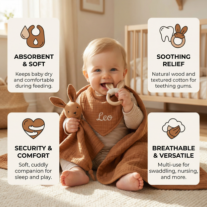 Personalized 4-Piece Newborn Gift Set – Muslin, Bunny Comforter, Teether & Bib (100% Cotton)