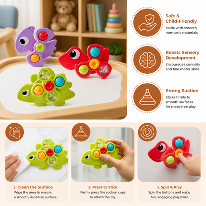 Dinosaur Suction Cup Spinner Toy for Babies & Toddlers Set of 3