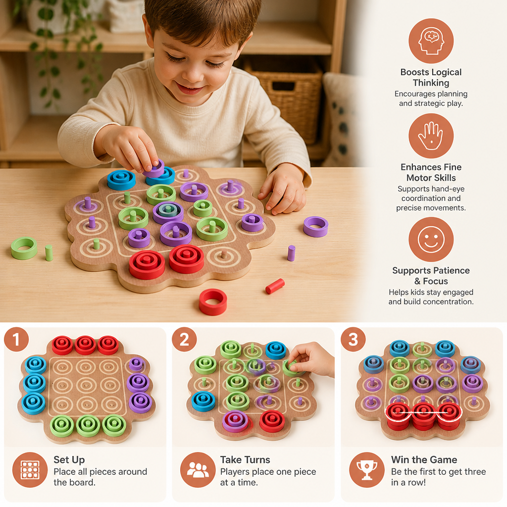 Early Educational 3-Level Wooden Tic-Tac-Toe Strategy Game
