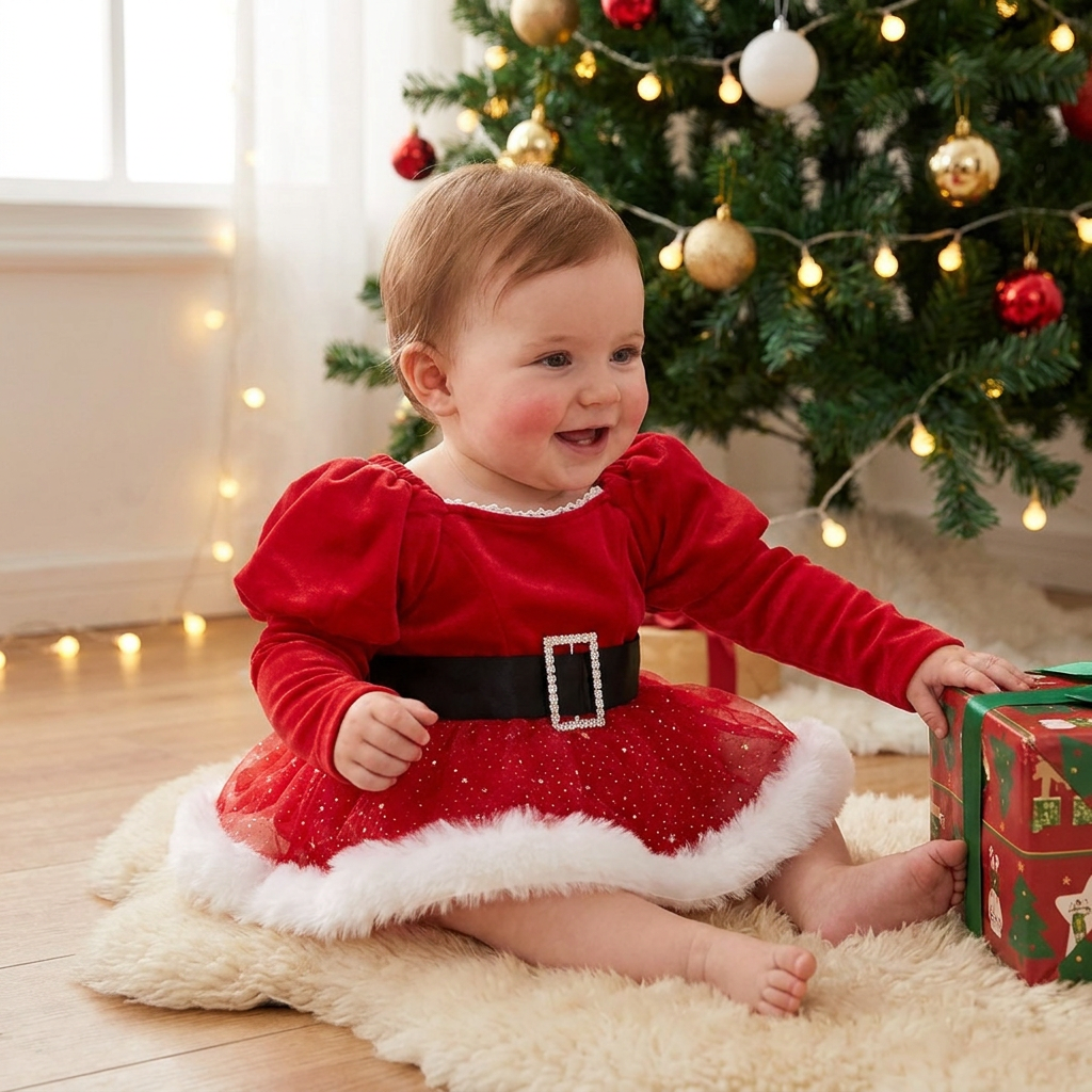 Baby Girl’s My First Christmas Long-Sleeve Romper Dress