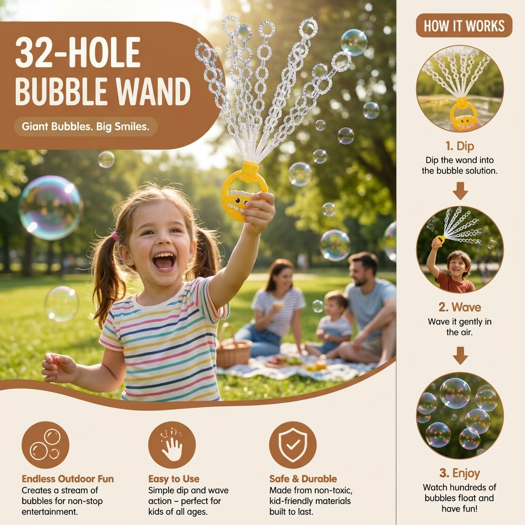 32-Hole Bubble Wand – Giant Bubble Maker for Kids