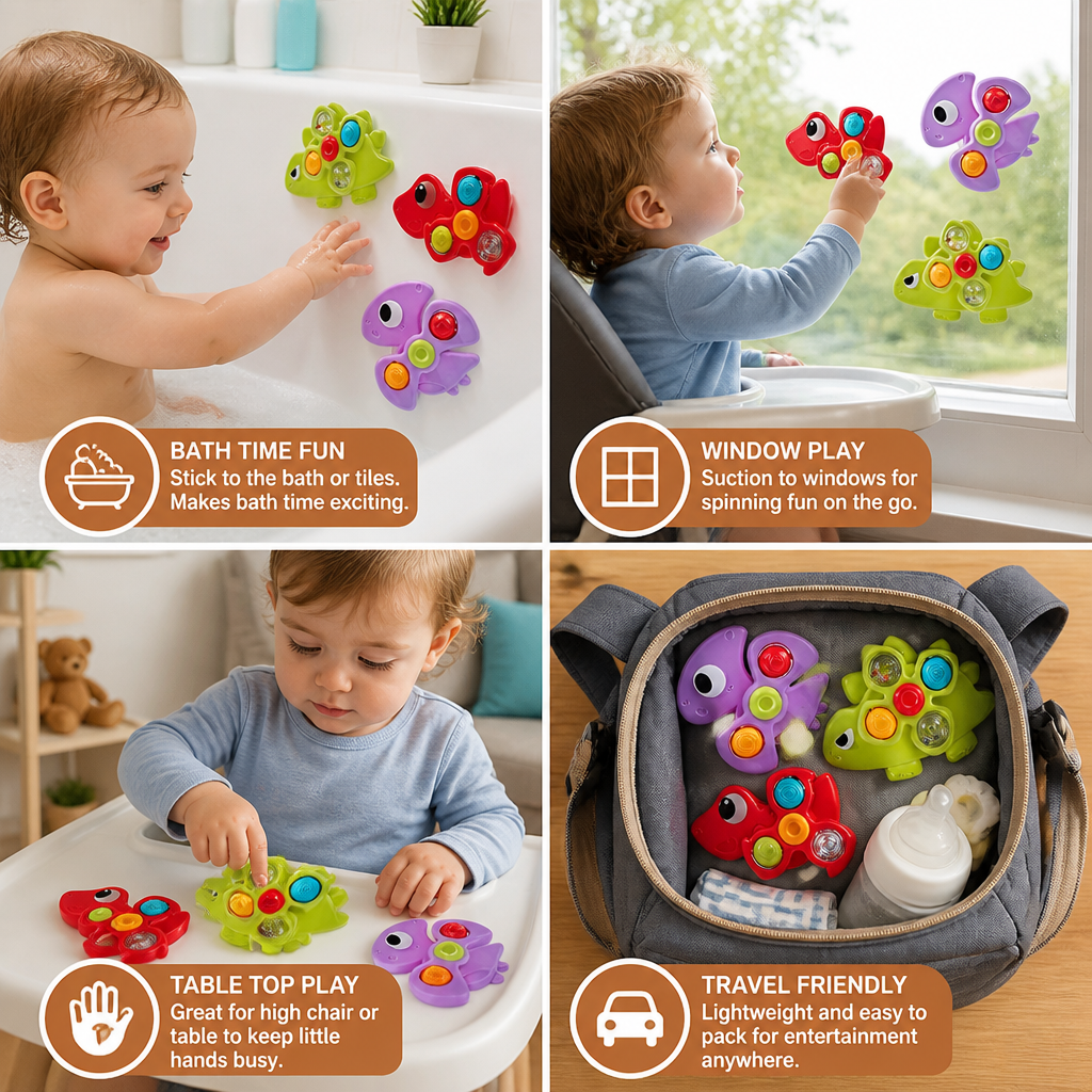 Dinosaur Suction Cup Spinner Toy for Babies & Toddlers Set of 3