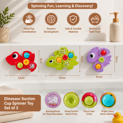 Dinosaur Suction Cup Spinner Toy for Babies & Toddlers Set of 3