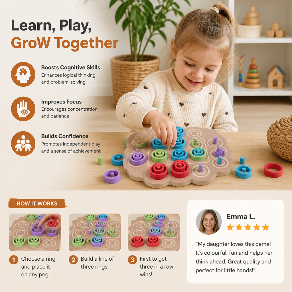 Early Educational 3-Level Wooden Tic-Tac-Toe Strategy Game