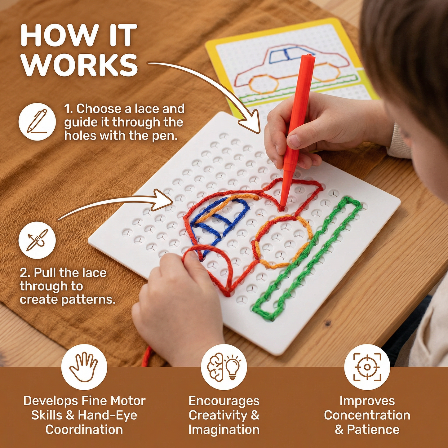 Lacing Board Toy with Lace – Creative Threading Game for Kids' Motor Skill Development