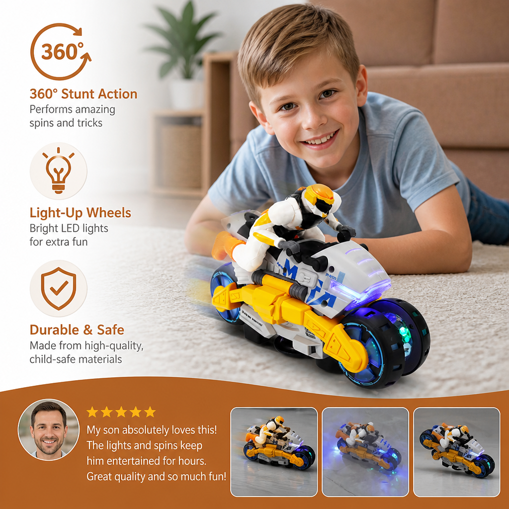 Kids Transformable Stunt Motorcycle Toy with 360 Degree Rotating Action