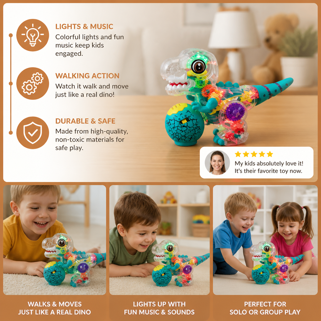 Interactive Light-Up Gear Dinosaur Toy with Music & Walking Action