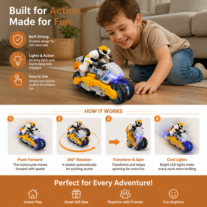 Kids Transformable Stunt Motorcycle Toy with 360 Degree Rotating Action