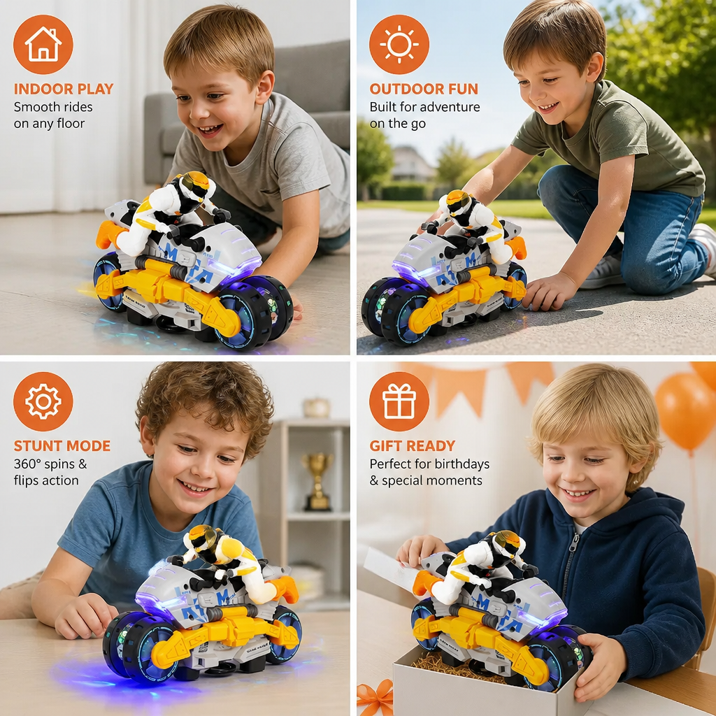 Kids Transformable Stunt Motorcycle Toy with 360 Degree Rotating Action