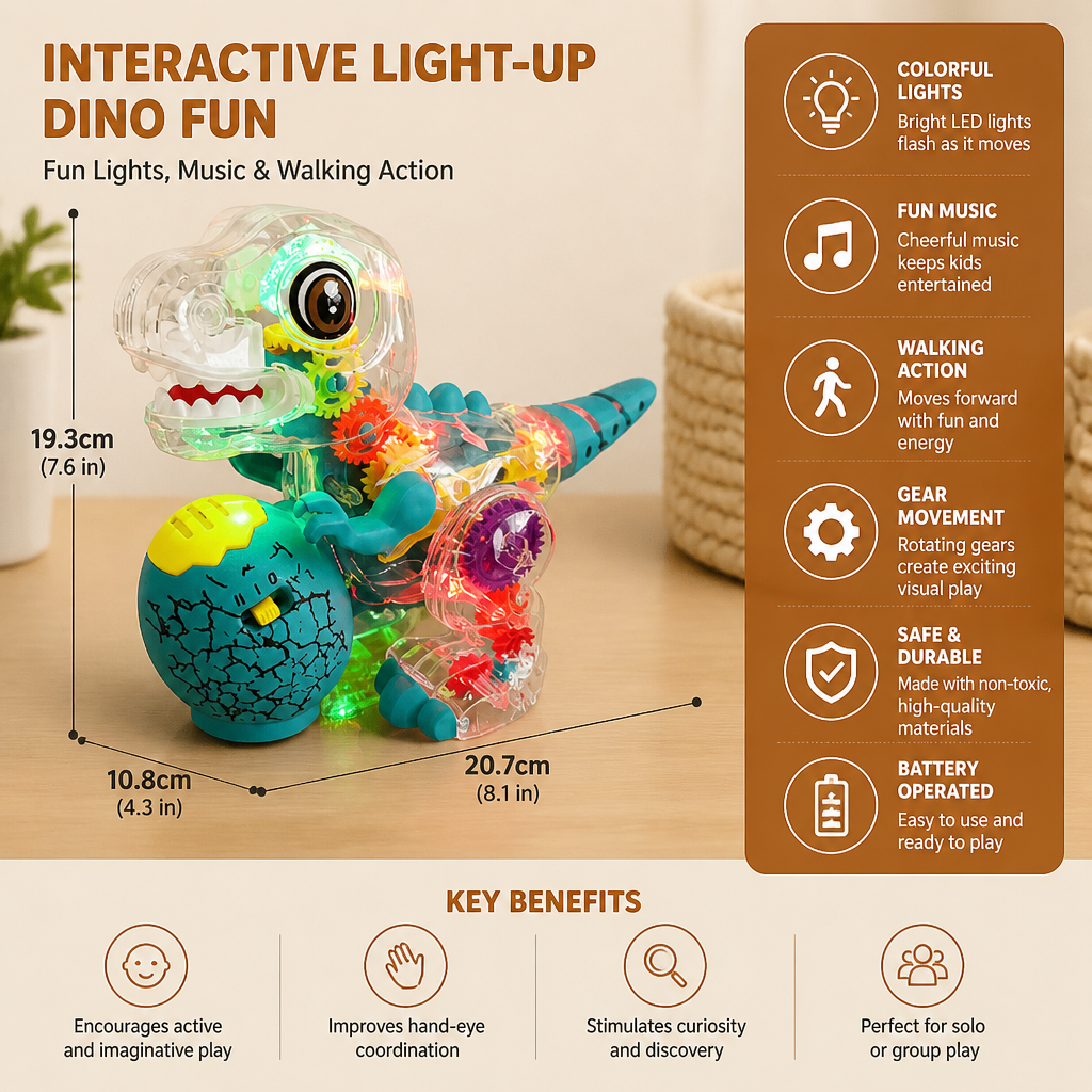 Interactive Light-Up Gear Dinosaur Toy with Music & Walking Action