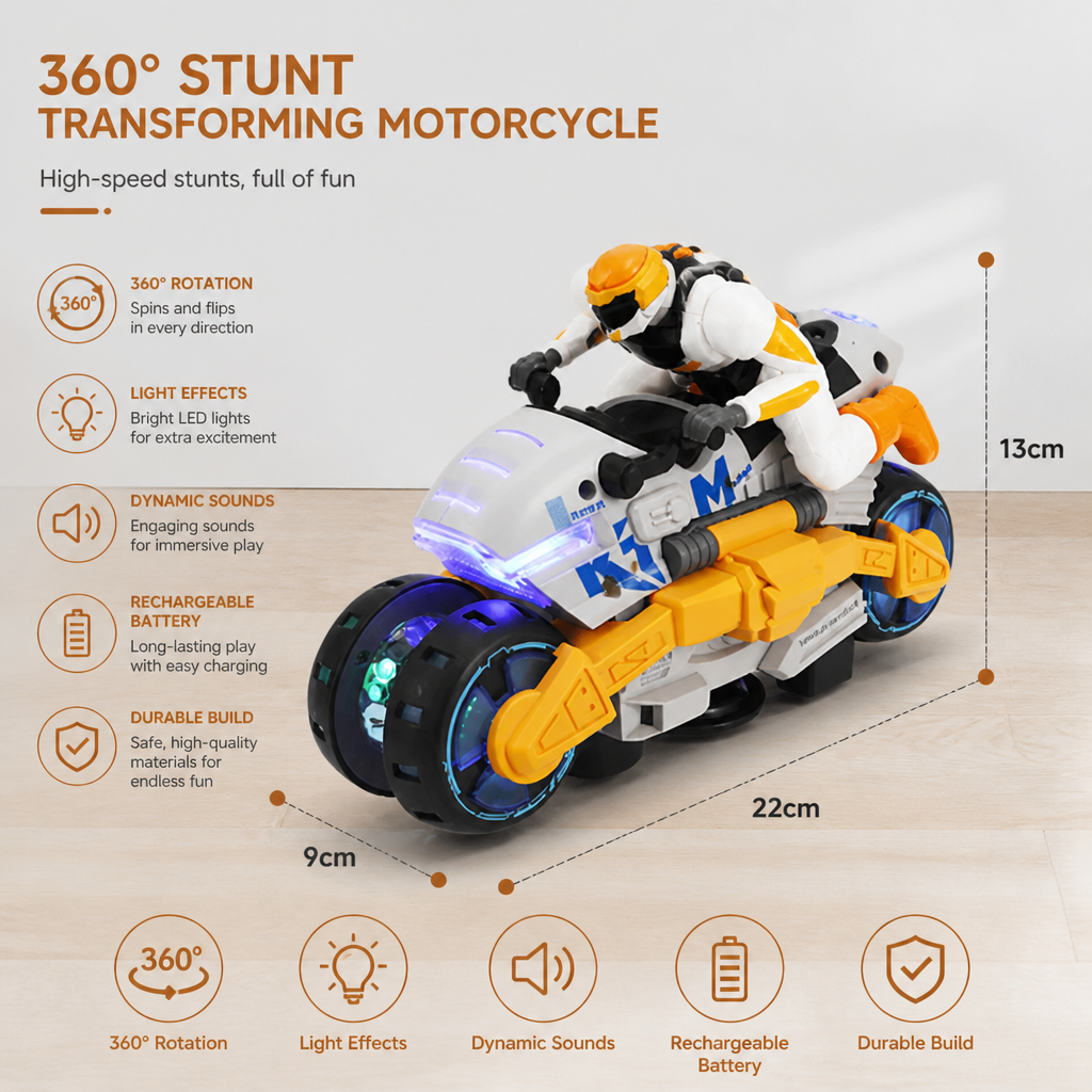 Kids Transformable Stunt Motorcycle Toy with 360 Degree Rotating Action