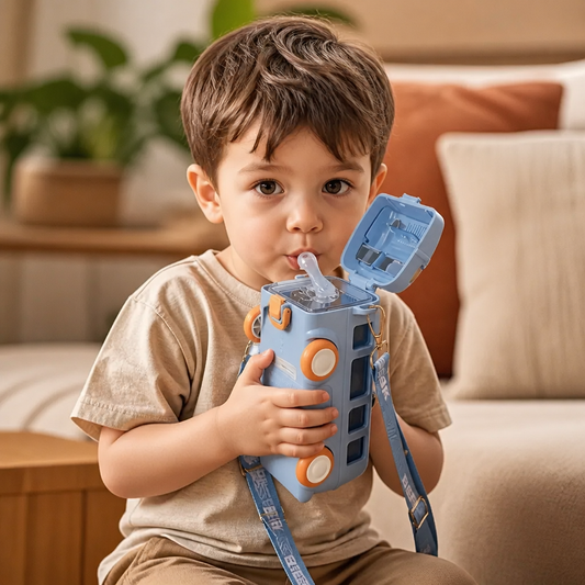Kids Bus Shaped Water Bottle with Straw and Adjustable Strap