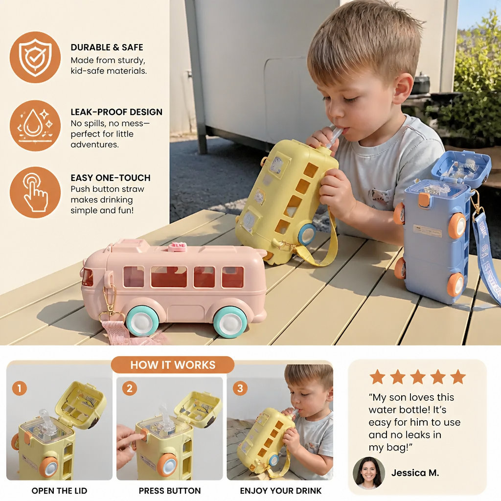 Kids Bus Shaped Water Bottle with Straw and Adjustable Strap
