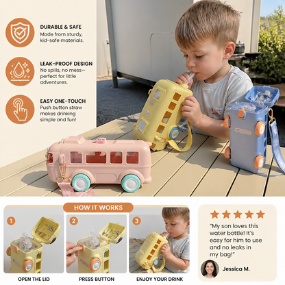 Kids Bus Shaped Water Bottle with Straw and Adjustable Strap