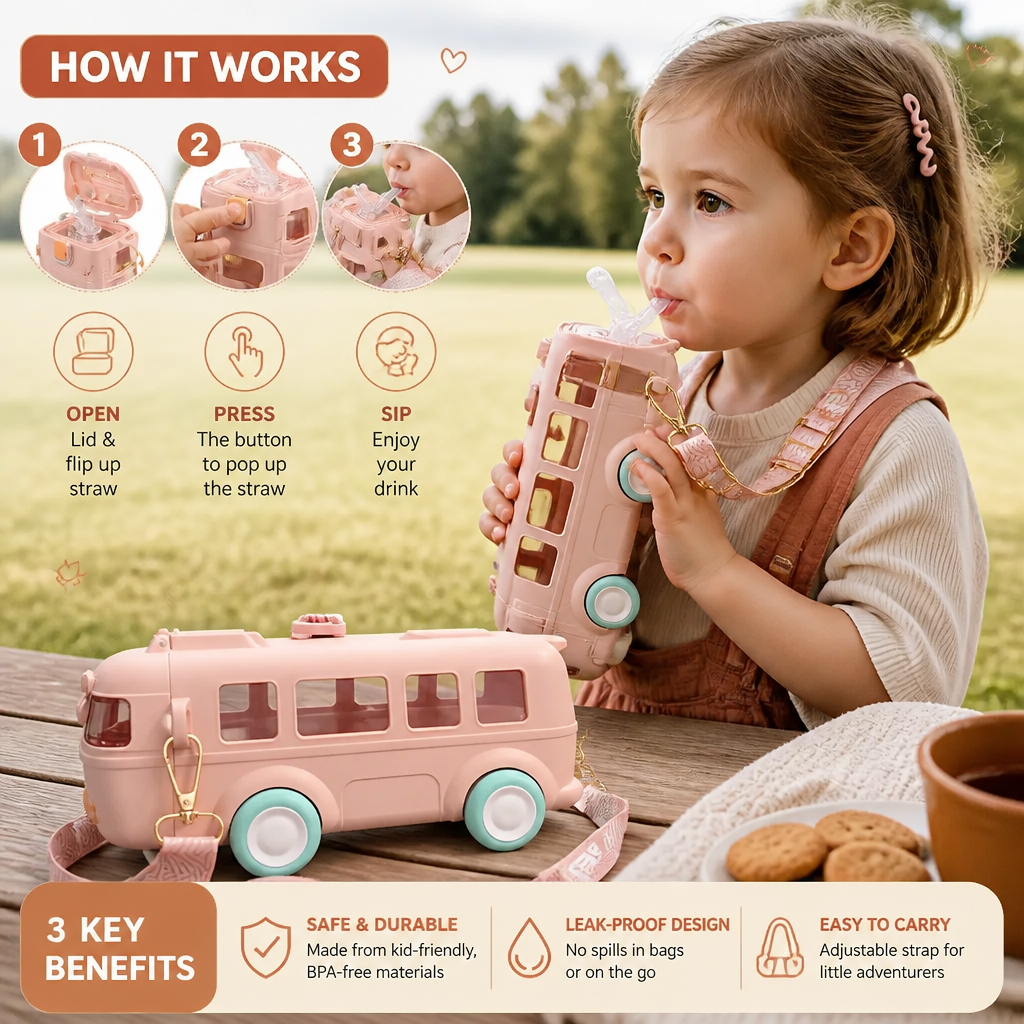 Kids Bus Shaped Water Bottle with Straw and Adjustable Strap