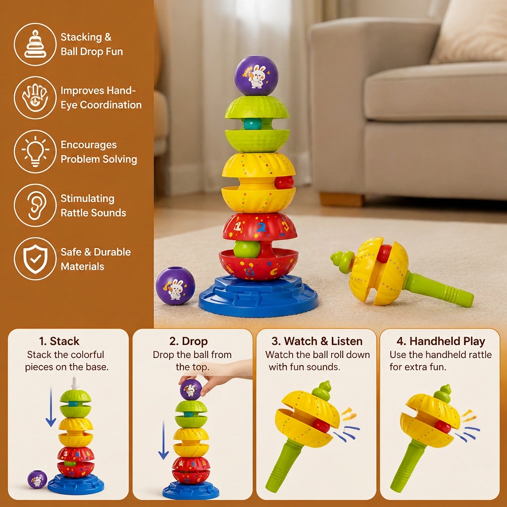 2-in-1 Interactive Rotating Stack & Ball Drop Tower with Rattle for Kids