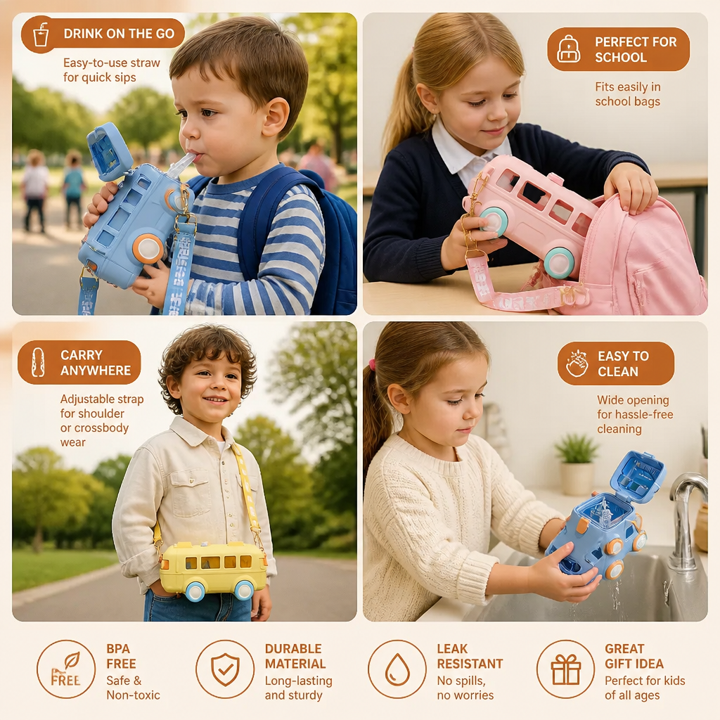 Kids Bus Shaped Water Bottle with Straw and Adjustable Strap