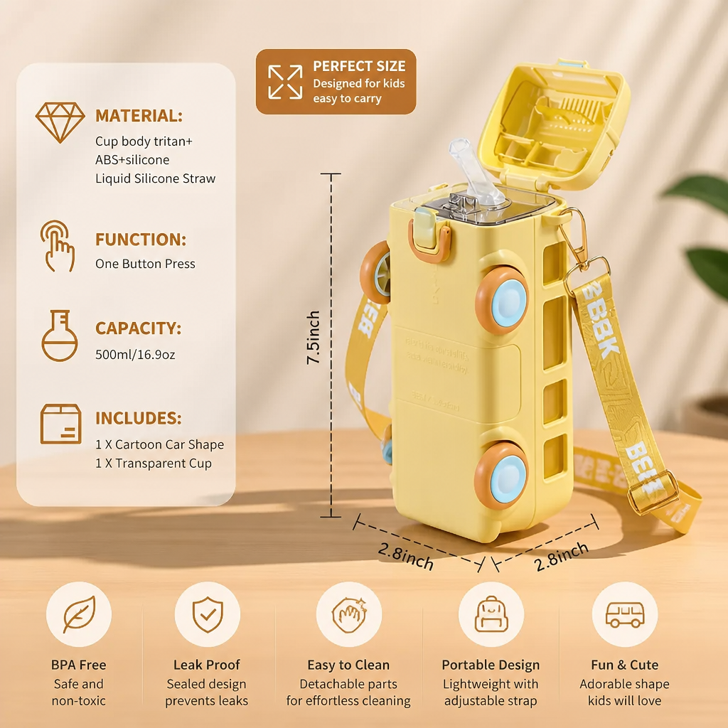 Kids Bus Shaped Water Bottle with Straw and Adjustable Strap