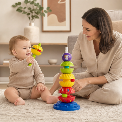 2-in-1 Interactive Rotating Stack & Ball Drop Tower with Rattle for Kids