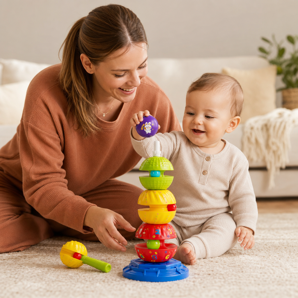 2-in-1 Interactive Rotating Stack & Ball Drop Tower with Rattle for Kids