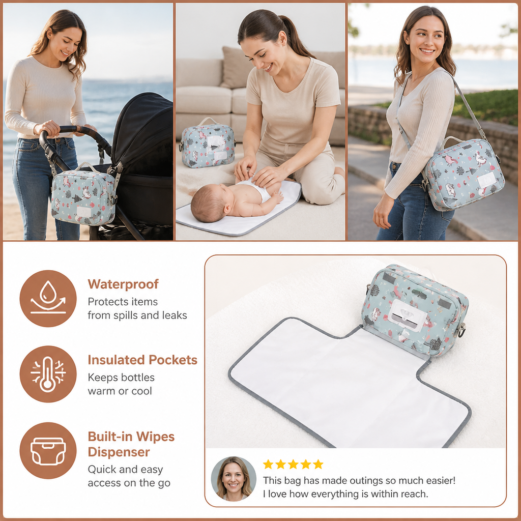 3in1 Stroller Organizer Bag – Waterproof Diaper Caddy with Insulated Pockets