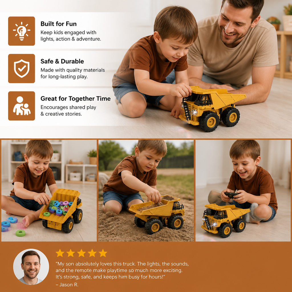 Remote-Controlled Dump Truck with Lights – Construction Vehicle Toy