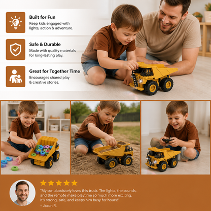 Remote-Controlled Dump Truck with Lights – Construction Vehicle Toy