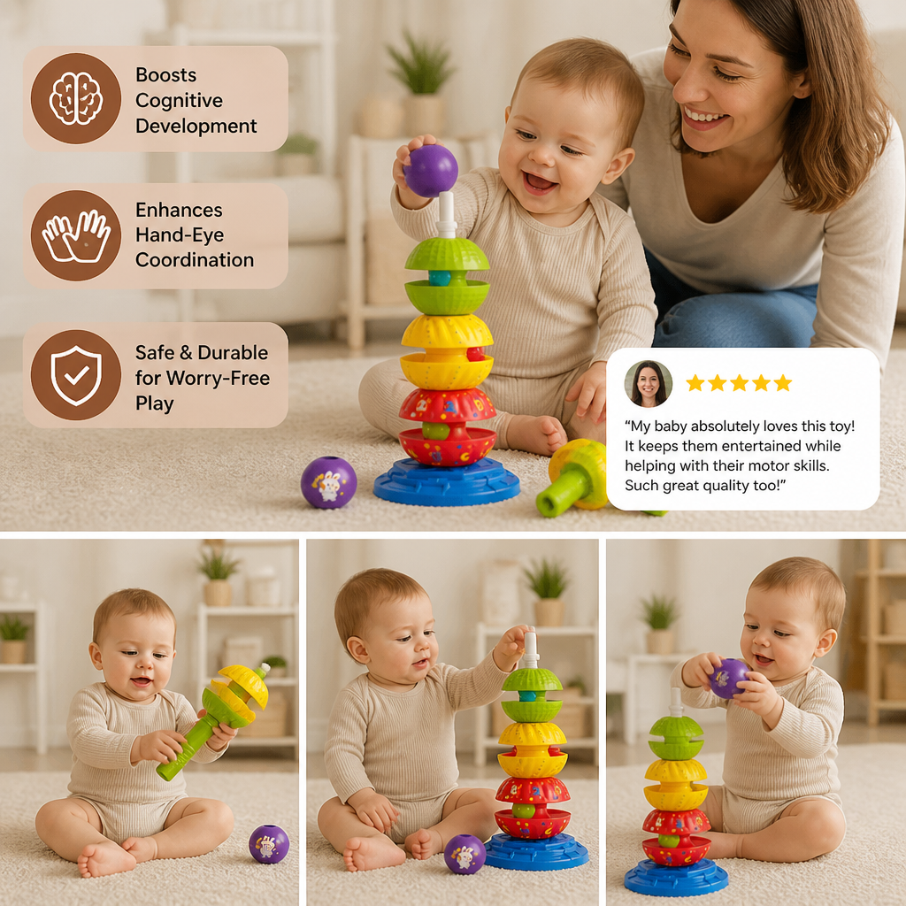 2-in-1 Interactive Rotating Stack & Ball Drop Tower with Rattle for Kids