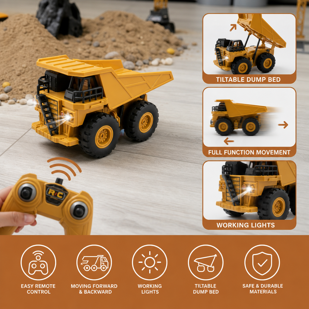 Remote-Controlled Dump Truck with Lights – Construction Vehicle Toy