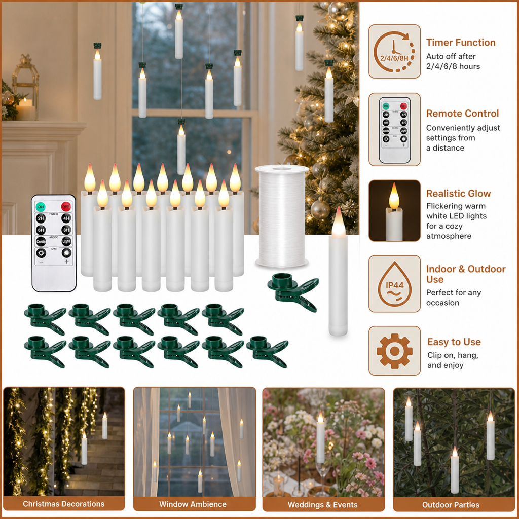 Magic Wand-Controlled Floating LED Candles with Hanging Hooks
