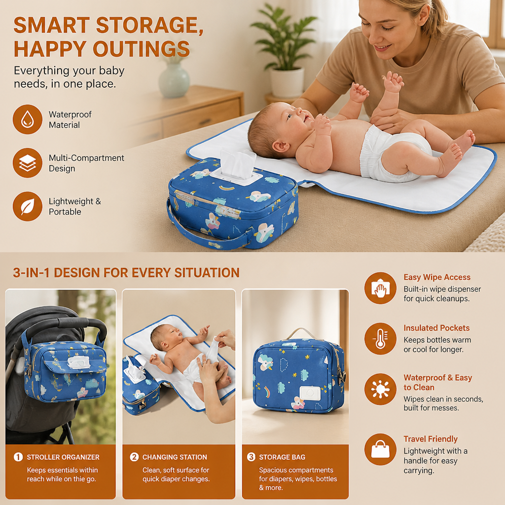 3in1 Stroller Organizer Bag – Waterproof Diaper Caddy with Insulated Pockets