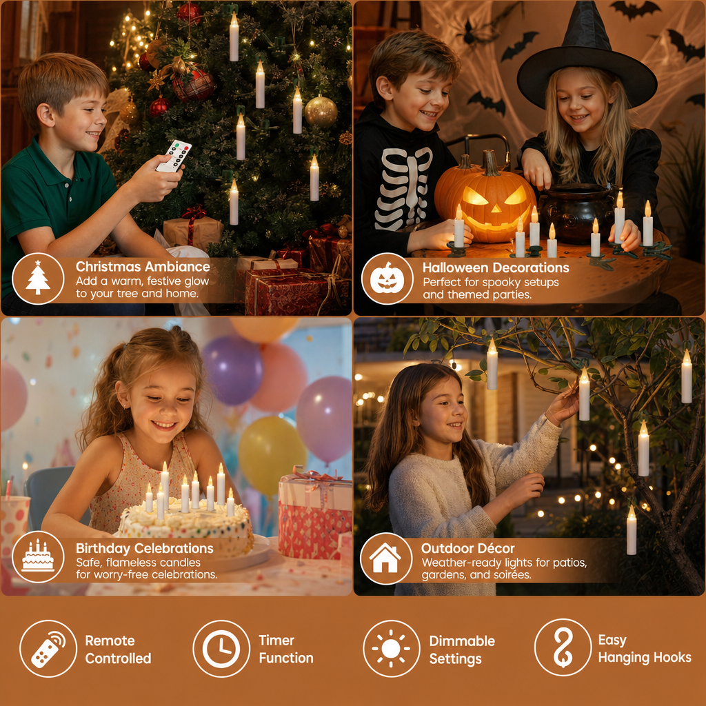 Magic Wand-Controlled Floating LED Candles with Hanging Hooks