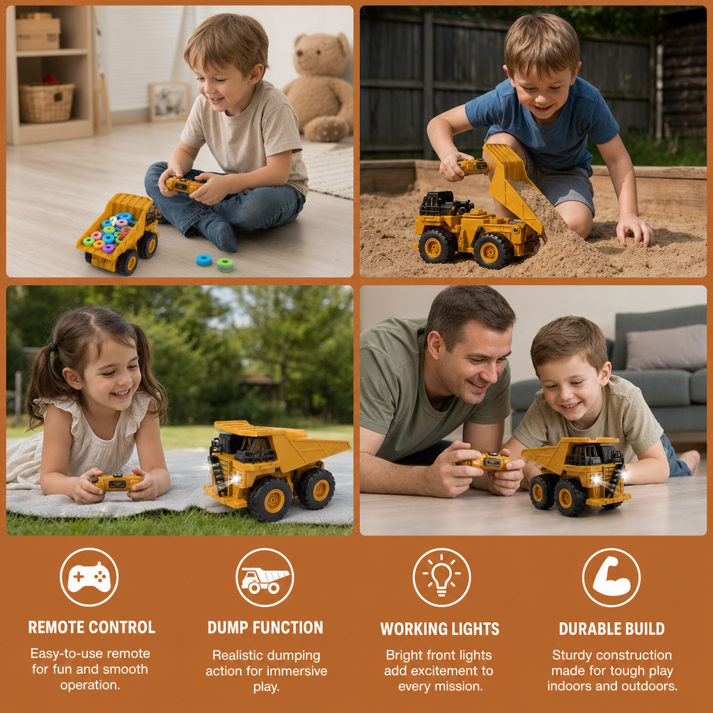 Remote-Controlled Dump Truck with Lights – Construction Vehicle Toy
