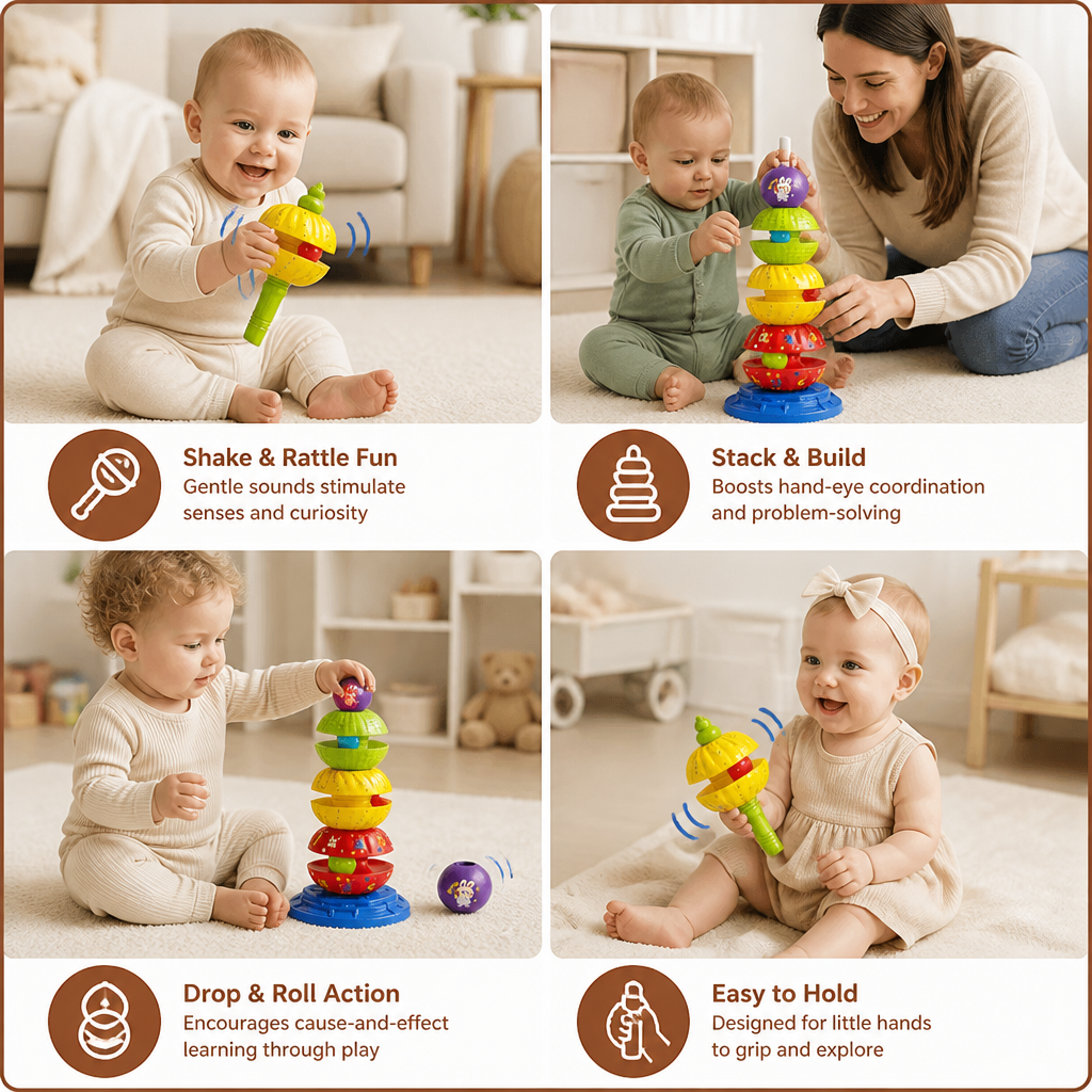 2-in-1 Interactive Rotating Stack & Ball Drop Tower with Rattle for Kids