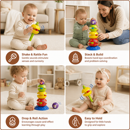 2-in-1 Interactive Rotating Stack & Ball Drop Tower with Rattle for Kids