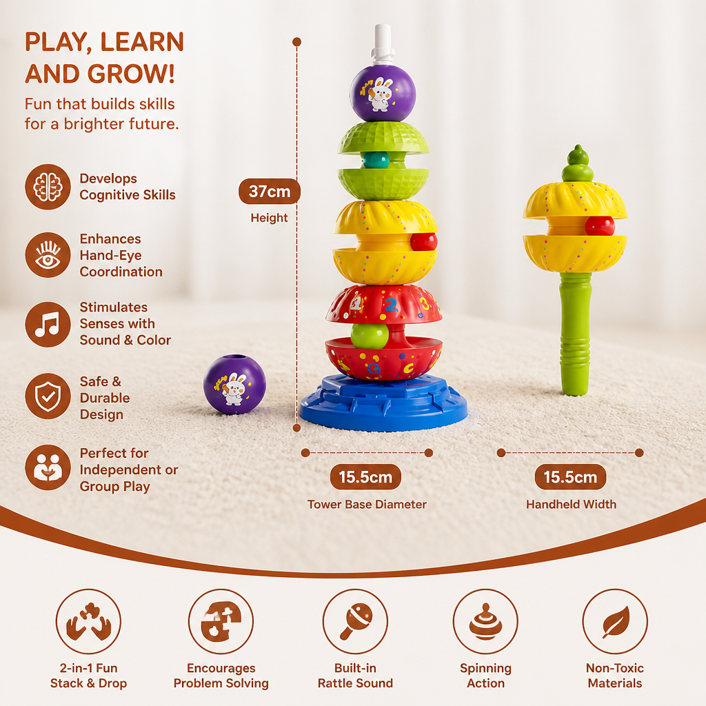 2-in-1 Interactive Rotating Stack & Ball Drop Tower with Rattle for Kids