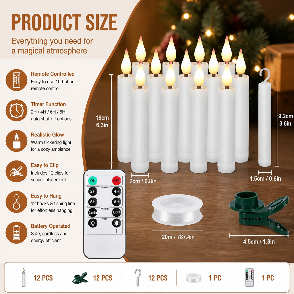 Magic Wand-Controlled Floating LED Candles with Hanging Hooks