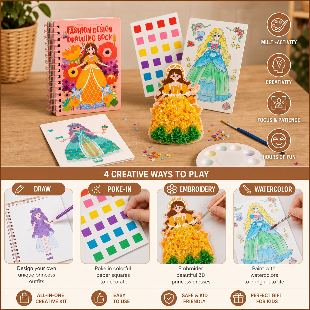 4-in-1 Fairy Princess Diamond Painting, Poke-In, Embroidery & Watercolor Art Kit for Kids