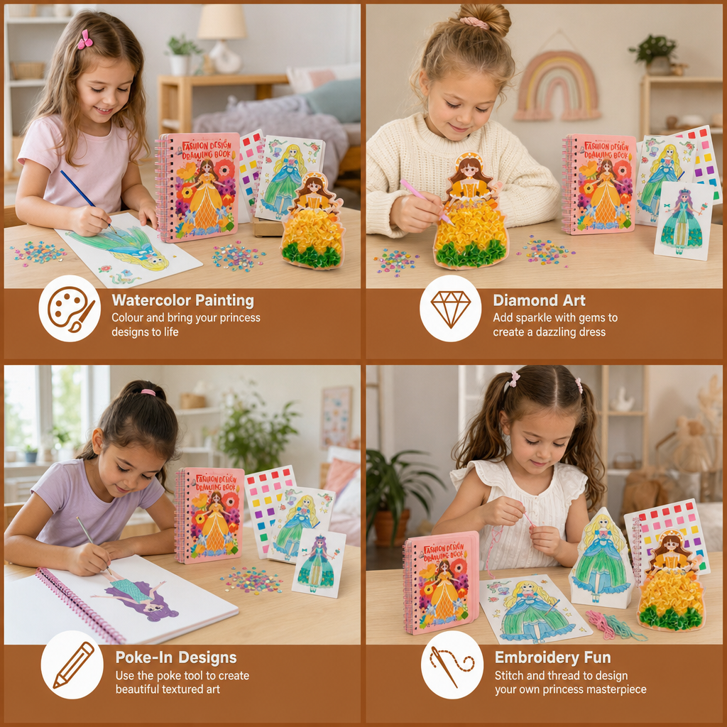 4-in-1 Fairy Princess Diamond Painting, Poke-In, Embroidery & Watercolor Art Kit for Kids