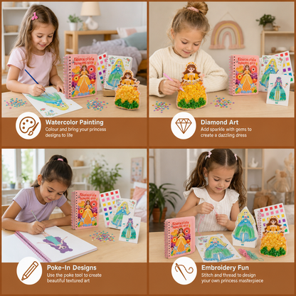 4-in-1 Fairy Princess Diamond Painting, Poke-In, Embroidery & Watercolor Art Kit for Kids