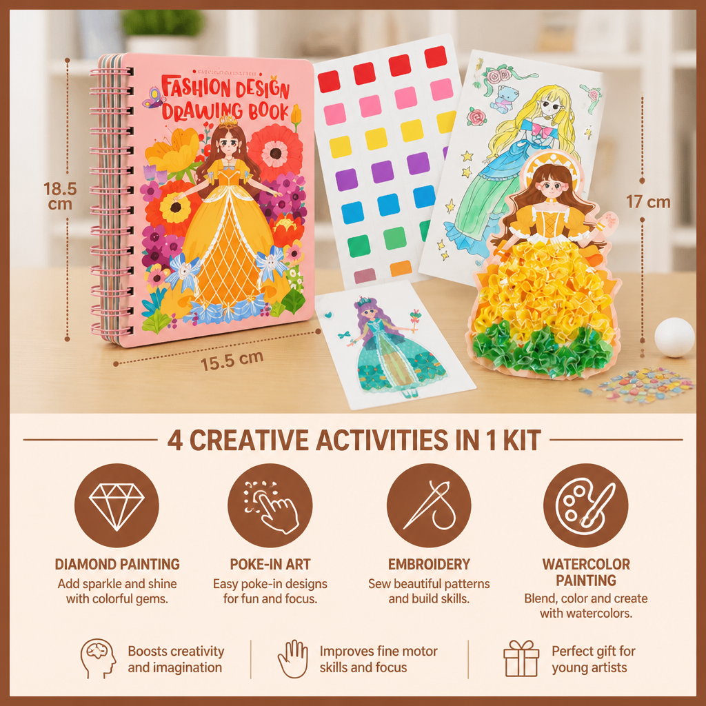 4-in-1 Fairy Princess Diamond Painting, Poke-In, Embroidery & Watercolor Art Kit for Kids