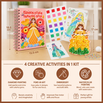 4-in-1 Fairy Princess Diamond Painting, Poke-In, Embroidery & Watercolor Art Kit for Kids