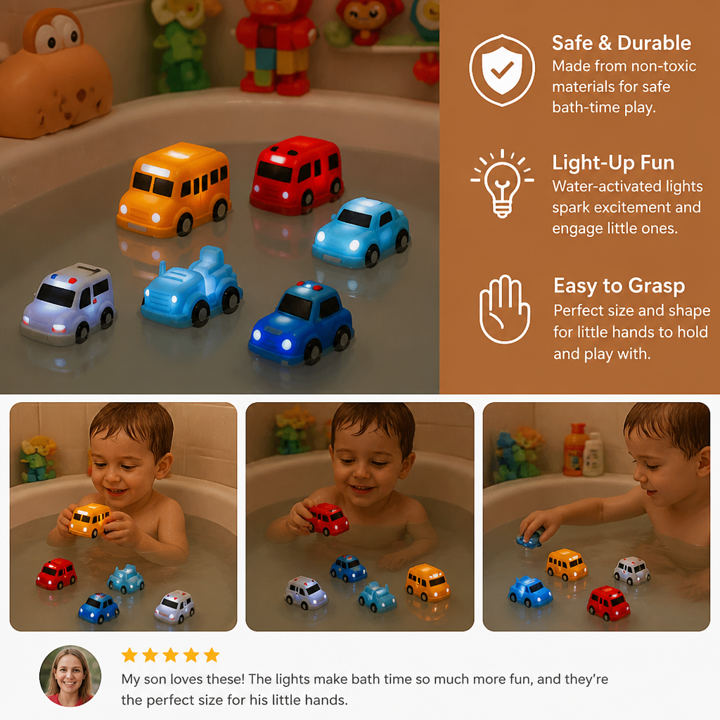 Light-Up Bath Toy Car Set – Water-Activated Baby Bath Toys