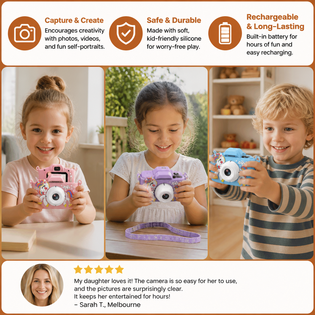 Rechargeable Kids’ Digital Camera with Selfie Mode, HD Video & Silicone Case