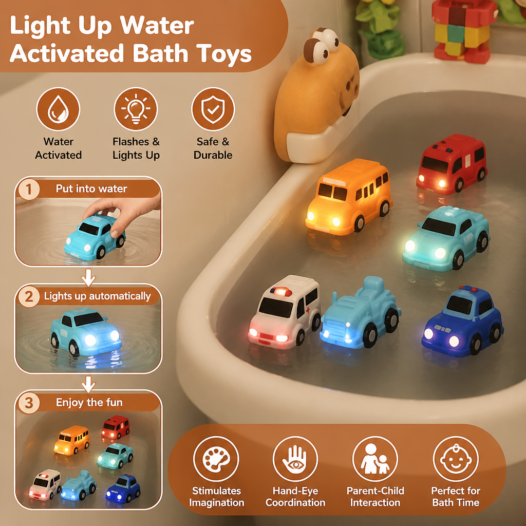 Light-Up Bath Toy Car Set – Water-Activated Baby Bath Toys