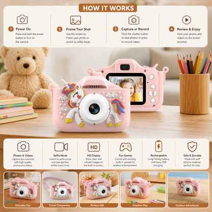 Rechargeable Kids’ Digital Camera with Selfie Mode, HD Video & Silicone Case