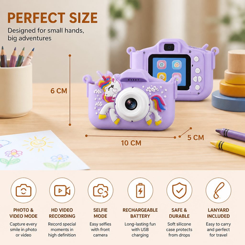 Rechargeable Kids’ Digital Camera with Selfie Mode, HD Video & Silicone Case