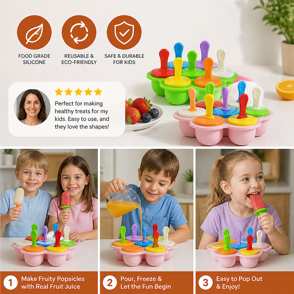 7-Piece Silicone Popsicle Mold – Reusable Ice Pop Maker for Kids